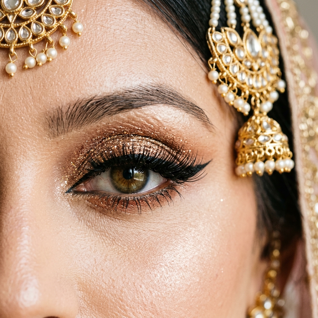 Bridal eye makeup detail and jewelry styling