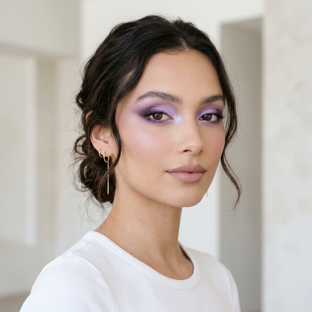 Editorial makeup with soft purple tones