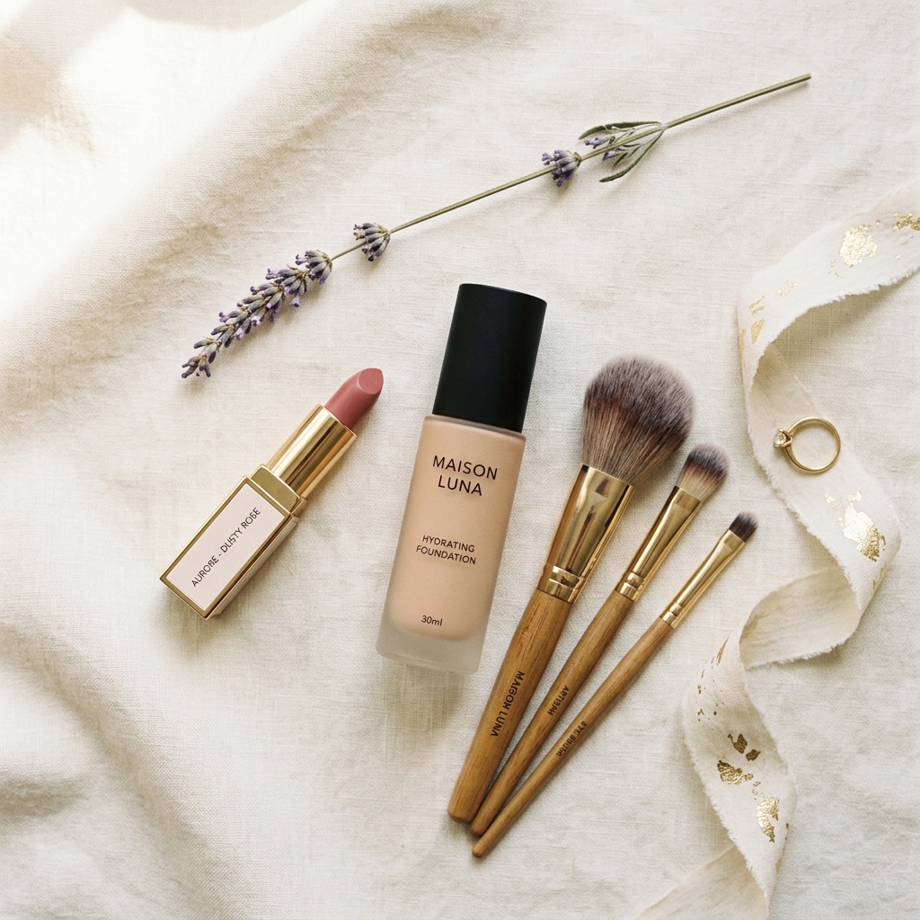 Lavender edit luxury beauty flatlay composition